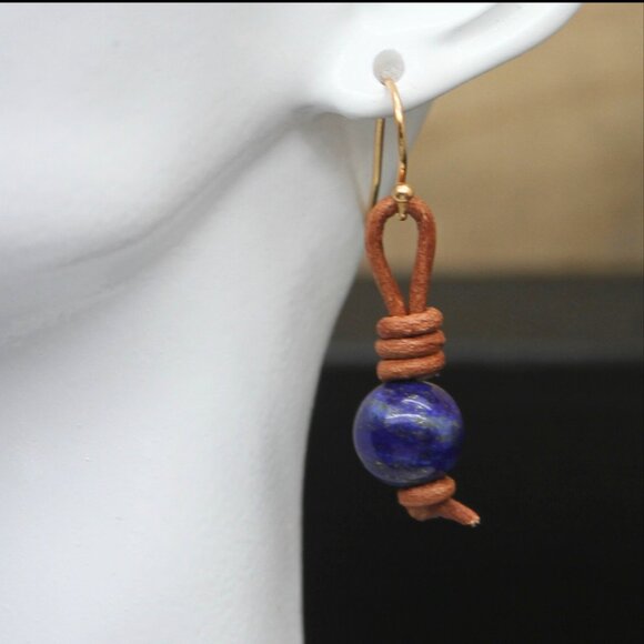 Lapis Lazuli Gemstones on Hand Knotted Soft Brown Leather Cord Earrings - Picture 3 of 7
